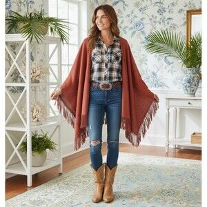 NWT SUZANNE SOMERS PERFORATED LEATHER  BOHEMIAN FRINGE Western  PONCHO O/S